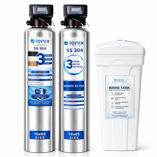 Ionix Stainless Steel Water Softener Combo WSA02-SS-150 (16×65 Inch) with 200L Brine Tank | 3-Stage Automatic Tank Filter + 150L Resin Softener | SS-304 Build | Automatic Regeneration | Whole House Water Treatment System
