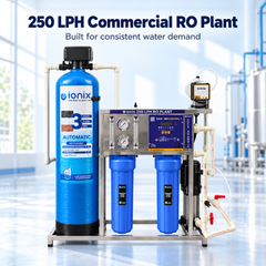 IONIX 250 LPH Fully Automatic Commercial RO Plant with Auto Backwash Pretreatment, Front TDS Display & Stainless Steel Body