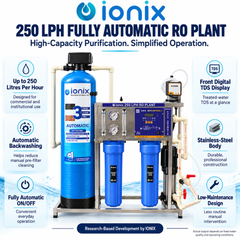IONIX 250 LPH Fully Automatic Commercial RO Plant with Auto Backwash Pretreatment, Front TDS Display & Stainless Steel Body