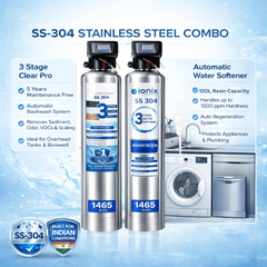 Ionix Stainless Steel Water Softener Combo (14x65 inch) with 200 liter brine tank – 3 Stage Automatic Tank Filter + 100L Resin Softener | SS-304 Build | Zero Maintenance | Whole House Water Treatment System