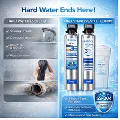 Ionix Stainless Steel Water Softener Combo (14x65 inch) with 200 liter brine tank – 3 Stage Automatic Tank Filter + 100L Resin Softener | SS-304 Build | Zero Maintenance | Whole House Water Treatment System
