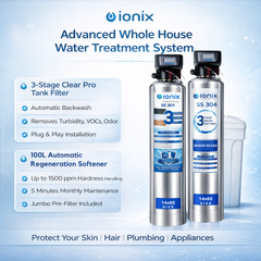 Ionix Stainless Steel Water Softener Combo (14x65 inch) with 200 liter brine tank – 3 Stage Automatic Tank Filter + 100L Resin Softener | SS-304 Build | Zero Maintenance | Whole House Water Treatment System