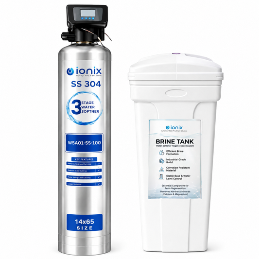 Ionix Stainless Steel Automatic Water Softener Combo | 100L Resin | SS-304 Water Softener with Brine Tank | Automatic Regeneration | Up to 1500 PPM Hardness