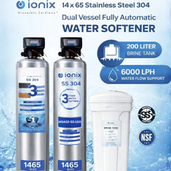 Ionix Stainless Steel Water Softener Combo (14x65 inch) with 200 liter brine tank – 3 Stage Automatic Tank Filter + 100L Resin Softener | SS-304 Build | Zero Maintenance | Whole House Water Treatment System