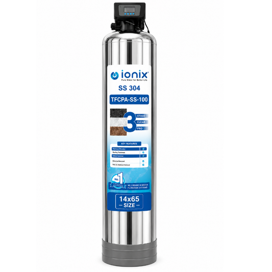 Ionix TFCPA-SS-100 Automatic Tank Water Filter (14×65 Inch) | SS-304 Stainless Steel | 3 Stage Clear Pro Automatic | 0 Maintenance Cost for Up to 5 Years | Fit & Forget Model | Whole House Water Filtration System