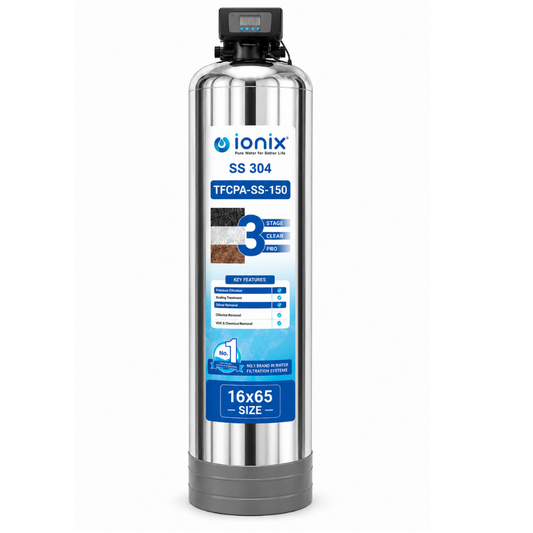 Ionix TFCPA-SS-150 Automatic Tank Water Filter (16×65 Inch) | SS-304 Stainless Steel | 3 Stage Clear Pro Automatic | 0 Maintenance Cost for Up to 5 Years | Fit & Forget Model | Whole House Water Filtration System