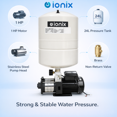 Ionix 1 HP Pressure Booster Pump with 24L Pressure Tank | Stainless Steel Multi-Stage Motor | High Pressure Water Booster System for Home & Commercial Use