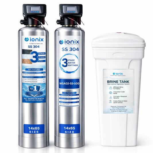 Ionix Stainless Steel Water Softener Combo (14x65 inch)  with 200 liter brine tank – 3 Stage Automatic Tank Filter + 100L Resin Softener | SS-304 Build | Zero Maintenance | Whole House Water Treatment System