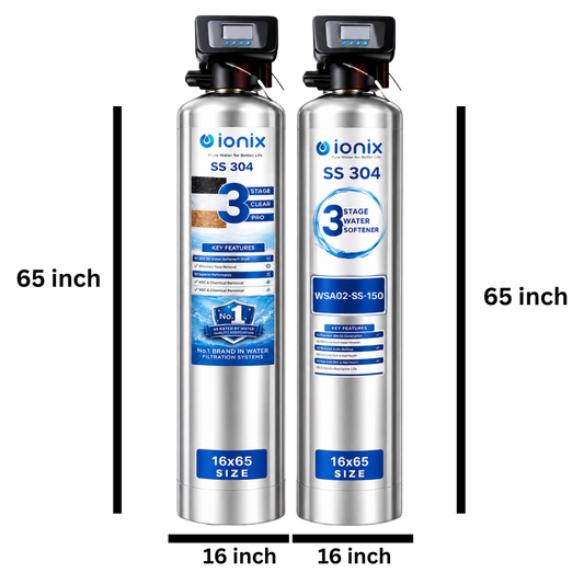 Ionix Stainless Steel Water Softener Combo WSA02-SS-150 (16×65 Inch) with 200L Brine Tank | 3-Stage Automatic Tank Filter + 150L Resin Softener | SS-304 Build | Automatic Regeneration | Whole House Water Treatment System