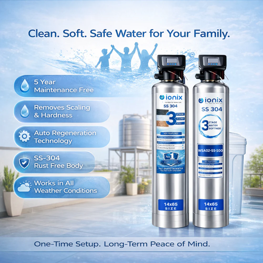 Ionix Stainless Steel Water Softener Combo (14x65 inch)  with 200 liter brine tank – 3 Stage Automatic Tank Filter + 100L Resin Softener | SS-304 Build | Zero Maintenance | Whole House Water Treatment System