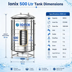 IONIX 500 Litre Stainless Steel Insulated Water Tank – 7 Layer, Food-Grade SS 304 with Stand