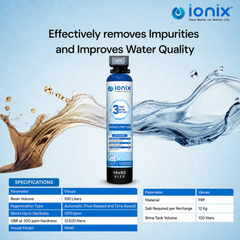 Ionix Ion Exchange Technology Based Automatic Water Softener WSA01-FRP-100 | 14×65 FRP Vessel | India's First 3-Stage Water Softener | 100L High Capacity Calcium Holding Resin | Automatic Regeneration