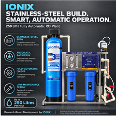 IONIX 250 LPH Fully Automatic Commercial RO Plant with Auto Backwash Pretreatment, Front TDS Display & Stainless Steel Body