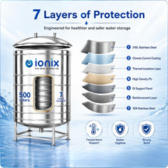 IONIX 500 Litre Stainless Steel Insulated Water Tank – 7 Layer, Food-Grade SS 304 with Stand