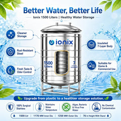 IONIX 1500 Litre Stainless Steel Insulated Water Tank – 7 Layer, Food-Grade SS 304 with Stand