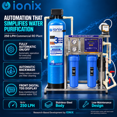 IONIX 250 LPH Fully Automatic Commercial RO Plant with Auto Backwash Pretreatment, Front TDS Display & Stainless Steel Body