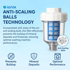 IONIX Dispensing Washing Machine Filter | Warranty 1 Year | Water Softener for Washing Machine, Filter for Hard Water, Connects to Machine, 2 Years Nylon Mesh Cartridge & Anti Scaling Balls Included