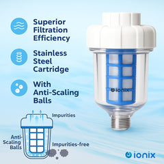 IONIX Dispensing Washing Machine Filter | Warranty 1 Year | Water Softener for Washing Machine, Filter for Hard Water, Connects to Machine, 2 Years Nylon Mesh Cartridge & Anti Scaling Balls Included