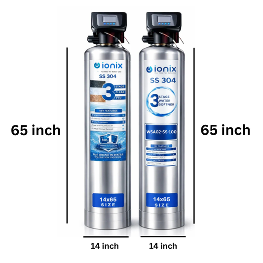 Ionix Stainless Steel Water Softener Combo (14x65 inch)  with 200 liter brine tank – 3 Stage Automatic Tank Filter + 100L Resin Softener | SS-304 Build | Zero Maintenance | Whole House Water Treatment System