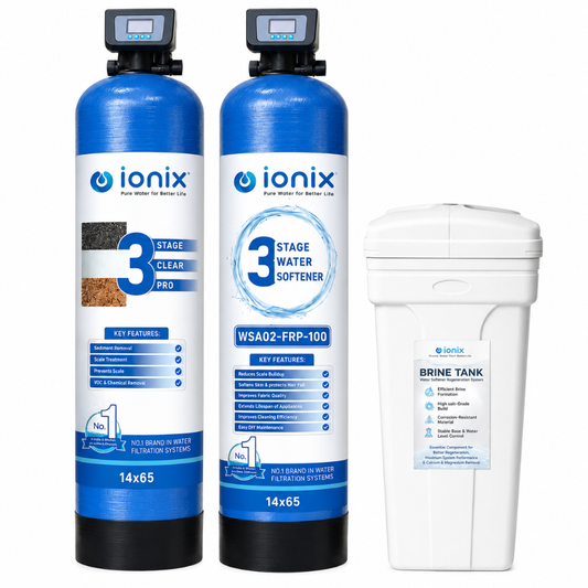 Ionix Dual Vessel Automatic Water Softener WSA02-FRP-100 | 14×65 FRP ClearPro Filter + 100L Resin Softener | Automatic Regeneration | Whole House Water Treatment System