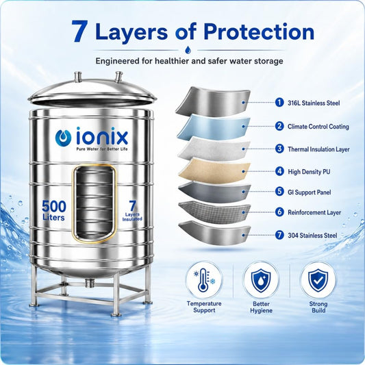IONIX 500 Litre Stainless Steel Insulated Water Tank – 7 Layer, Food-Grade SS 304 with Stand
