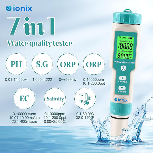 IONIX 7 in 1 PH/EC/ORP/S.G/Salinity/Temperature/TDS Meter, PH Meter, Water Testing Kit for Swimming Pools, Aquarium, multiparameter water quality tester, ph meter for water testing