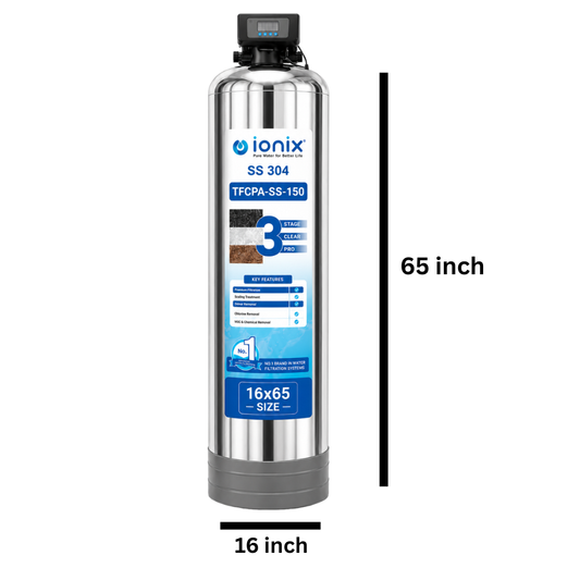 Ionix TFCPA-SS-150 Automatic Tank Water Filter (16×65 Inch) | SS-304 Stainless Steel | 3 Stage Clear Pro Automatic | 0 Maintenance Cost for Up to 5 Years | Fit & Forget Model | Whole House Water Filtration System
