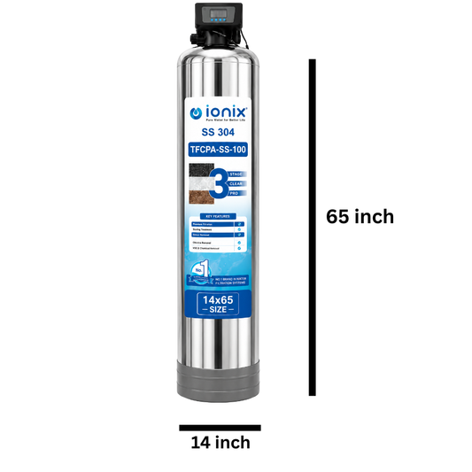 Ionix TFCPA-SS-100 Automatic Tank Water Filter (14×65 Inch) | SS-304 Stainless Steel | 3 Stage Clear Pro Automatic | 0 Maintenance Cost for Up to 5 Years | Fit & Forget Model | Whole House Water Filtration System