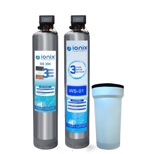 Ionix Stainless Steel Combo – 3 Stage Tank Filter + Automatic Water Softener | Zero Maintenance, Max Protection | SS-304 Build for Indian Homes