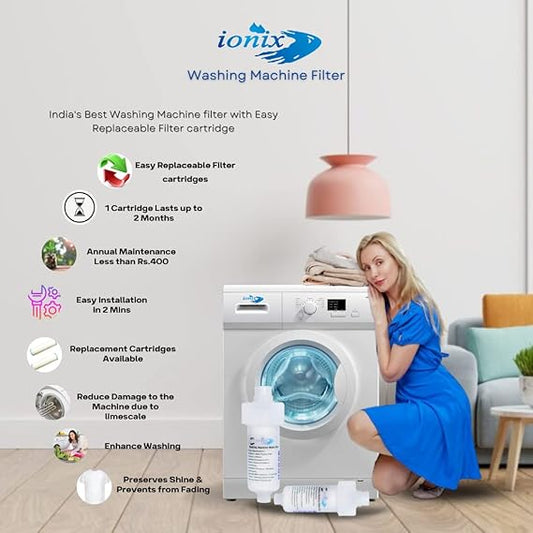 IONIX Dual Water Softner, Sedimentation|Washing Machine Filter with Connectors, Easy 1 Minute Installation, Washing Machine Filter for Hard Water|Removes Bad Odor and Prevents Limescale, 1 Set, White.